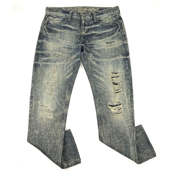 Guess Premium Mens Lincoln Slim Straight Distressed Blue Denim Jeans Size 31x30